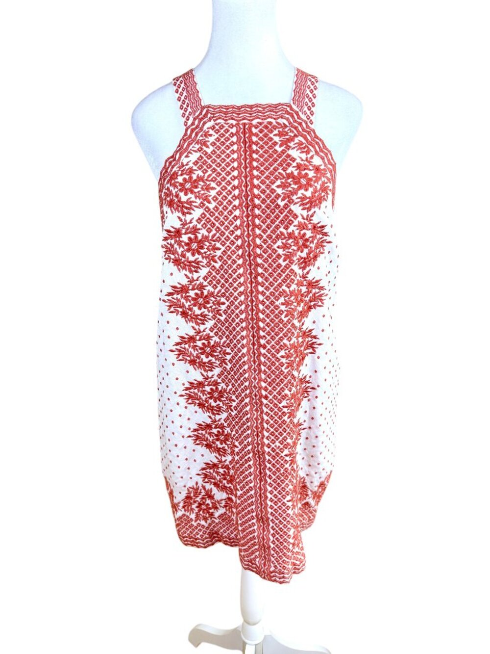 Anthropologie Maeve Dress Linen Blend Casual Embroidered White Orange (8)